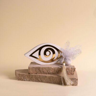 Μπομπονιέρα πορσελάνινη λευκό μάτι με χρυσές λεπτομέρειες - Image 1